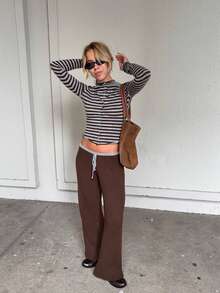 MORI Fall Winter Women Sweaters Casual Y2K Basic Brown Striped Cardigan Round Neck Cropped Button Up Knit Tops Daily Lounge Outfits - Brown and Grey - View 7