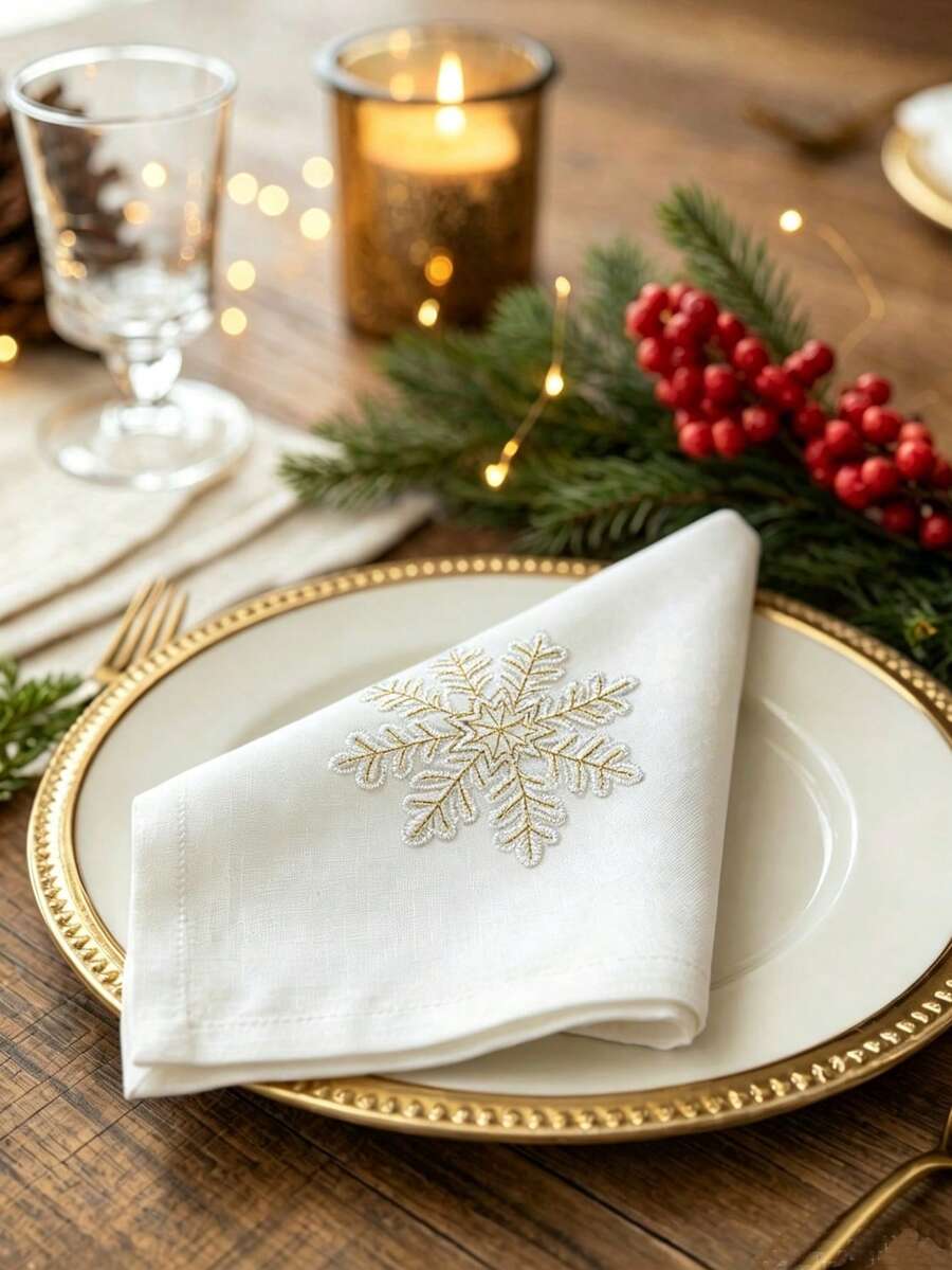 ABEST6522 Home&Living store 1pc 100% Polyester Embroidered Elegant Napkin, Suitable For Cafe, Restaurant, Party, Date, Wedding And Other Home Decor Occasions, Square Napkin - White Gold - View 1