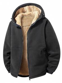 Warm Hooded Fleece-Lined Men'S Top For Autumn And Winter, With A Warm Design, Fashionable And , A Perfect Christmas G Men'S Hooded Jacket, - Black - View 7