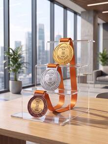 1pc Custom Text Engraved Round Sports Medal,Laurel Wreath Pattern Metal Award Medal With Satin Ribbon,Personalized Marathon 5KM Race Competition Club Ceremony Keepsake Prize - Multicolor - View 4