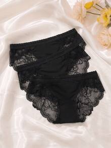 3pcs Black Lace Patchwork Low Waist Sexy Women's Triangle Panties - Black - View 3