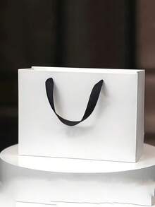 1/5pcs White Minimalist Paper Gift Bags With Black Satin Ribbon Handles, Suitable For Clothing Store Gift Packaging, Wedding Party, Birthday Gift, Holiday Gift Storage, Cosmetics, Multi-Purpose Shopping Packaging Bags - Multicolor - View 5