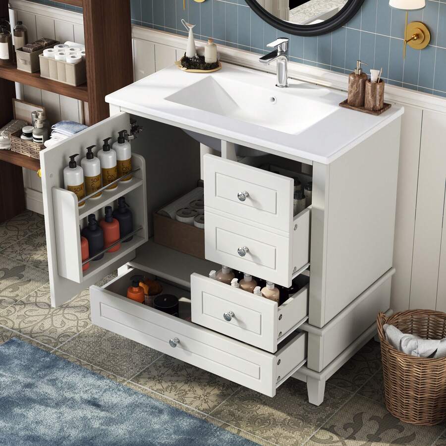 Bathroom Vanity Made Of Wood With Storage With Drawers Freestanding White - White - View 1