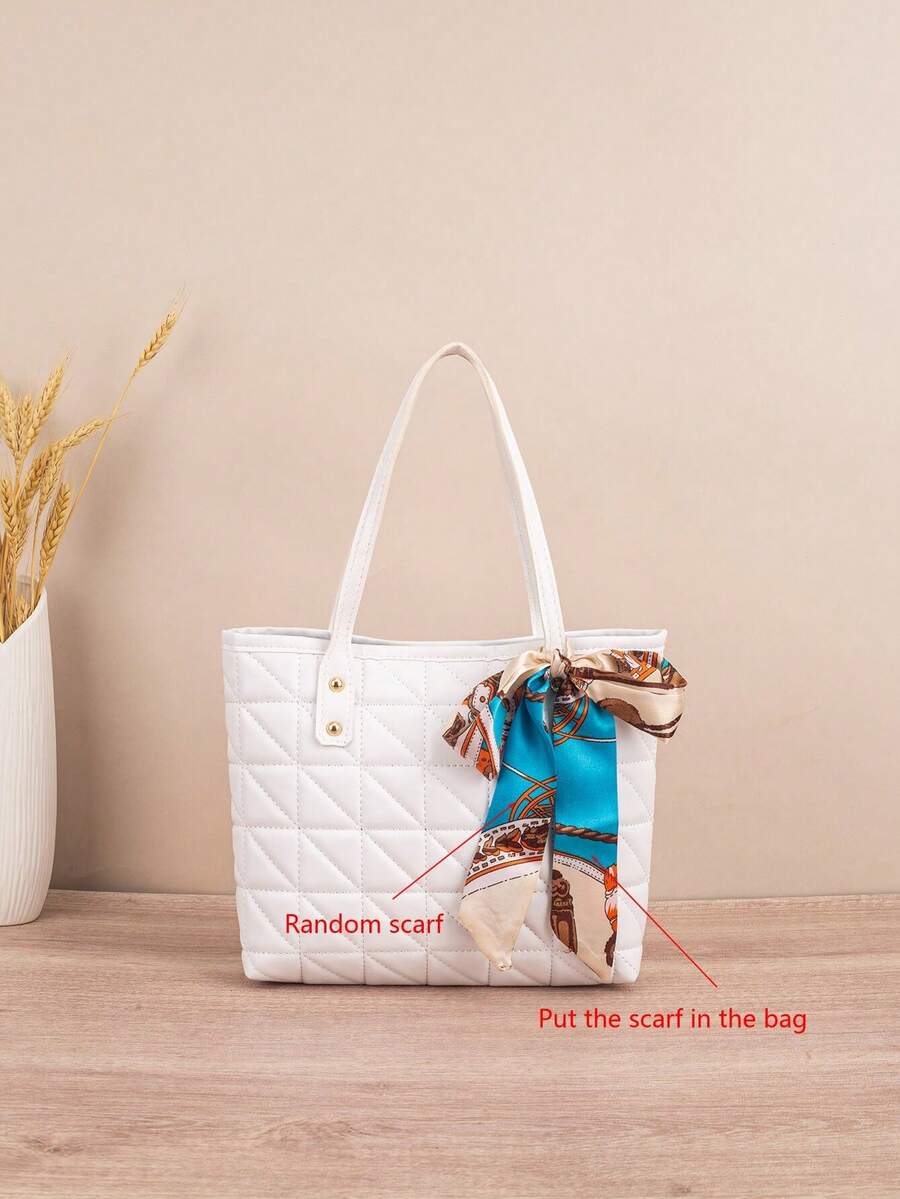 1pc Quilted Diamond Embroidered Large Capacity Lightweight Versatile Tote Bag With Scarf Decoration, Suitable For Commuting - White - View 1