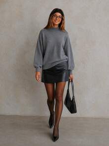 Women's Solid Color All-Match Versatile Mock Neck Long Sleeve Knit Sweater, Casual Versatile All-Match Pullover Sweater, Suitable For Daily Wear, Casual Commuting, Preppy Style, Vintage Style, Back To School - Grey - View 4
