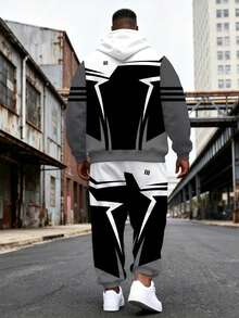 Men's Street Casual Minimalist Series "Patchwork Geometric" Plus Size Hoodie Sweatshirt Set Spring Autumn Winter Sports 2 Pieces Set - Ins Style Loose Fit Plus Size Comfortable Relaxed Fit Hoodie + Jogger Pants Street Hip-Hop Versatile - Black - View 2
