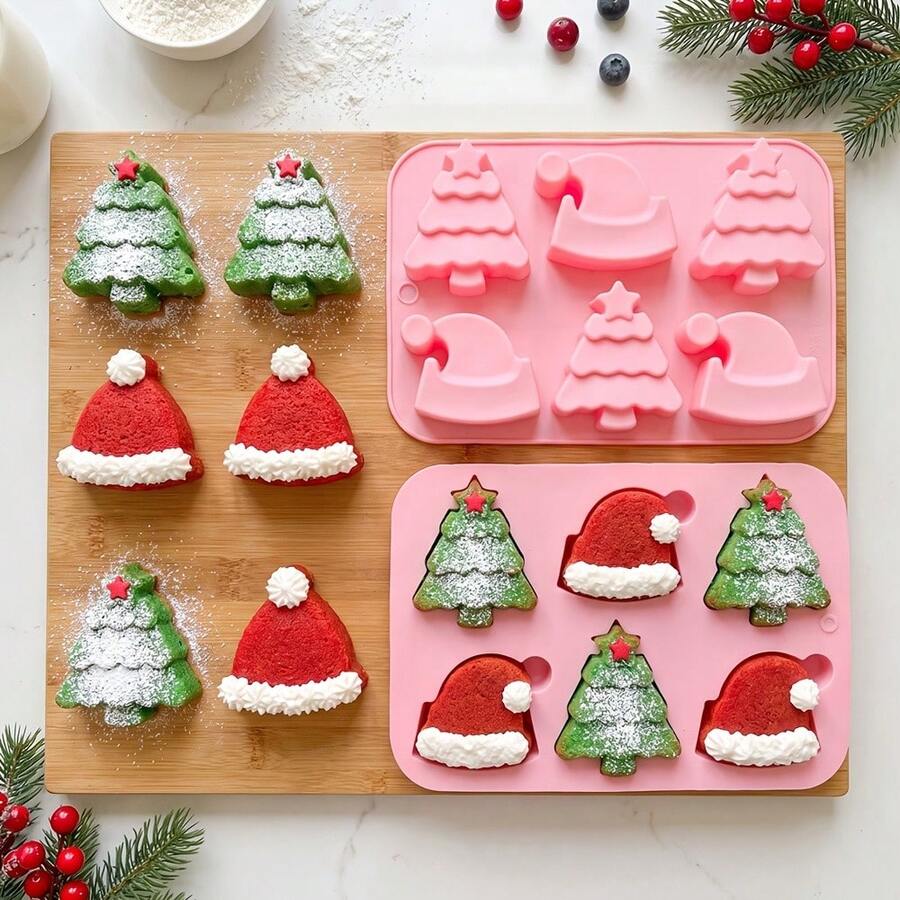1pc Christmas Tree & Santa Hat Shaped Silicone Mold, Kitchen Home Baking Mousse Cake Chocolate Pudding Mold, Can Make Chocolate, Candy, Cake, Pudding, Ice Cubes, Jelly, Christmas Holiday Home Baking, Party Dessert Table Handmade Mold - Multicolor - View 1