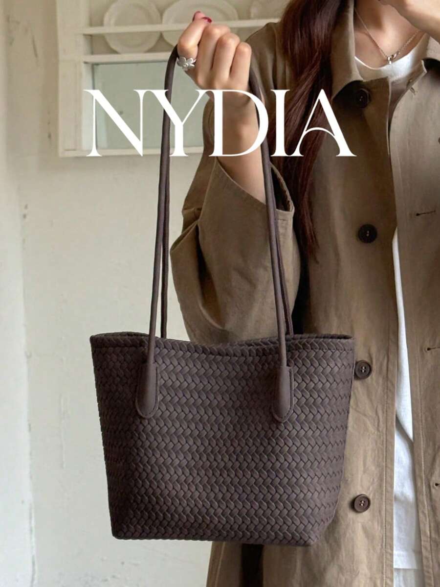 1pc Brown PU Vintage Woven Texture Shoulder Bag, Large Capacity Lightweight Women's Commuter Tote Bag, Suitable For Commuting And Travel