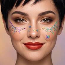 Halloween Holographic Freckles Temporary Tattoos-4pcs, Iridescent Rainbow Bat Spider Web Star Freckle Fake Tattoo Stickers, Shiny Laser Colorful Pattern Facial Decals, Waterproof Long-Lasting, Cosplay Party For Women Girls, Rave Accessories - Multicolor - View 4