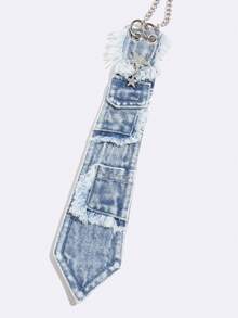1PC Washed Distressed Denim Frayed Pocket Star Chain Decor Tie, Street Y2K Subculture Outfit Accessory - Multicolor - View 6
