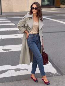 Mantel Trench Panjang Wanita Model Double Breasted Warna Abu-abu Muda Berkerah Gaya Vintage Musim Gugur, Jaket Oversized dengan Sabuk Pinggang untuk Acara Kerja dan Pesta - Krem - View 8