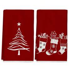 2pcs Christmas Kitchen Dish Towels, Christmas Tree & Stocking Silhouette Print Napkins, Holiday Winter Home Decor Kitchen Hand Towels - Red - View 9