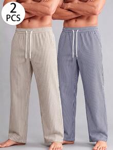Men's Summer Casual Striped Drawstring Waist Long Pants Loungewear 2 Pieces Set - Multicolor - View 1