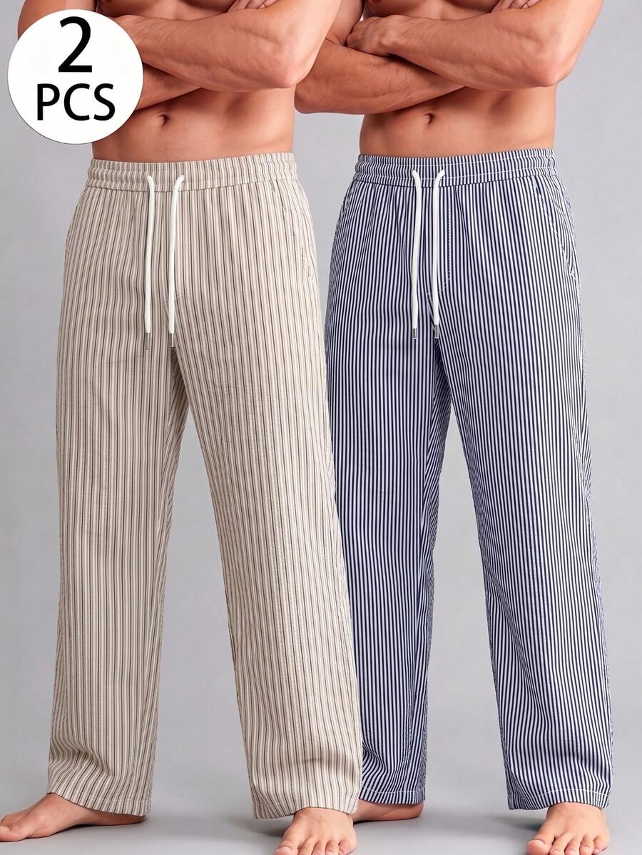 Men's Summer Casual Striped Drawstring Waist Long Pants Loungewear 2 Pieces Set - Multicolor - View 1