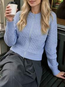 Women Summer Light Blue Cable Knit Zip Up Cardigan, Stand Collar Pocket Long Sleeve Cropped Knit Jacket Fall Daily Outfit - Blue - View 9