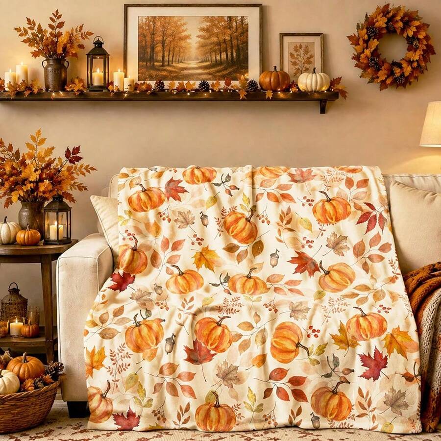 1pc Autumn Watercolor Pumpkin & Maple Leaf Digital Print Flannel Blanket - Modern Style, Soft & Comfortable Polyester Knit Fabric For All Seasons, Multi-Purpose For Sofa, Bed, Travel, Camping, Chair, Gift Blanket - Multicolor - View 1