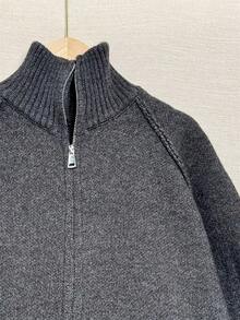 Wixra Korean Style Loose Knit Cardigan, Stand Collar Raglan Sleeve, Double Zipper Top, Solid Color Preppy Style - Dark Grey - View 5