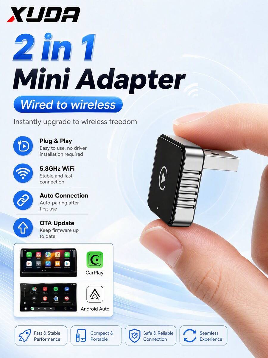 XUDA 2in1 Wireless CarPlay & Android Auto Adapter – USB-C ,Supports Wireless Connectivity; Compatible With IOS 10+ And Android 11+ ,Enhances The In-Car Entertainment Experience – Cable-Free, Easy Setup, Superior Audio Output, And Stable Transmission. - A - View 1