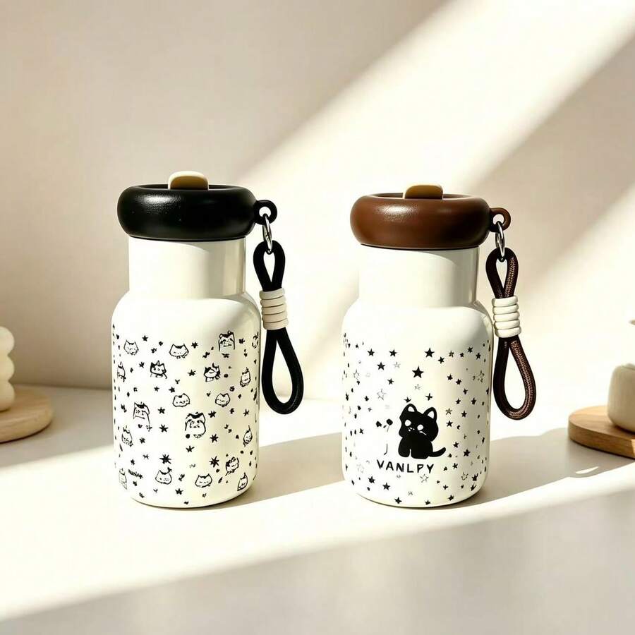 550ml Cartoon Cute Insulated Tumbler With Adorable Body Pattern And Portable Lanyard, Eye-Catching For Daily Outings, Comfortable Grip, Convenient For School, Commute And Shopping, Spring Lid Design For Easy Opening And Closing, Satisfies Daily Insulation Needs For Hot And Warm Water, Fresh And Cute Appearance For Great Photos, Perfect For Personal Use Or As A Gift, Combines Aesthetics And Practicality - Multicolor - View 1