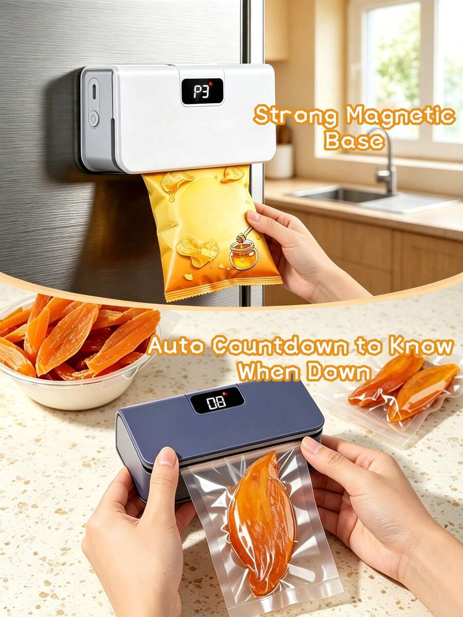 ENSSU 1300mAh Rechargeable Mini Bag Sealer Machine, Magnetic Sealing Machine, 6-Speed Temperature Adjustment Digital Display Portable Heat Sealer, Magnetic Type-C Charging Food Plastic Bag Sealing Machine For Snack Kitchen Storage - Multicolor - View 1