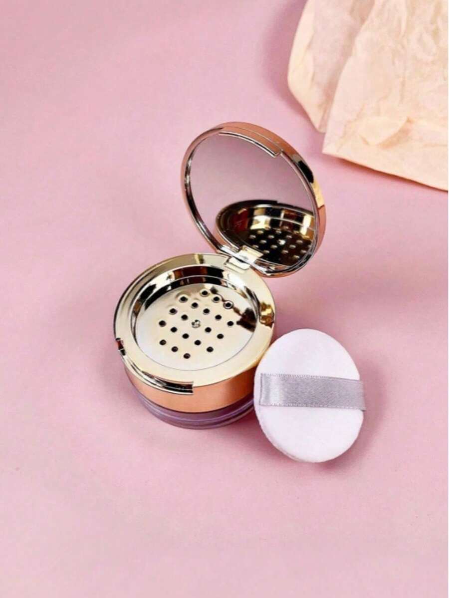 1pc Gold Round Portable Travel Mirror Powder Puff Makeup Refill Case - Multicolor - View 1