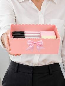 Cream Ribbon Bow Storage Box, Sweet Bow Cosmetic Storage Box, Stationery Organizer, Bedroom Storage Container, Student Desk Stationery Holder, Household Sundries Storage Basket, Office Desk Decor, Accessories Storage Box - Multicolor - View 9