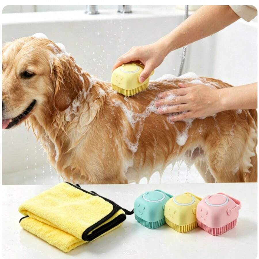 Pet Bath & Grooming Set, Silicone Bath Brush With Soap Dispenser + Quick-Dry Absorbent Towel, Soft Massage Cleaning Tool For Cats, Dogs And Small Animals, Pet Bathing Supplies - Multicolor - View 1