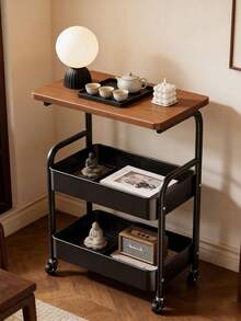 3-Tier Metal Utility Cart, Metal Storage Rack With Wooden Top, Rolling Cart With Wheels, Multi-Functional Storage Rack, Durable Steel Frame, Suitable For Kitchen, Office, Bedroom, Living Room - View 2