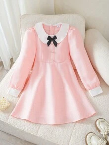 Autumn/Winter Girls Casual Cute Versatile Party Fresh Minimalist Round Neck Bow Beaded Colorblock Long Sleeve Dress - Pink - View 2