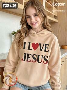 Autumn Girls Y2K Hoodie With I LOVE JESUS Print And Red Heart Design, White Long Sleeve Cotton Pullover - Apricot - View 3
