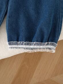 Autumn/Winter French Sweet Lace Denim Set & Baby Girl Doll-Style Denim Cardigan & Lace Patchwork Lantern Denim Pants & Versatile Casual 2-Piece Set - Blue - View 7