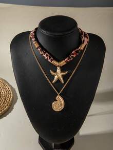 1pc+2pcs/ Personalized Fabric Polyester Leopard Print Cross Vortex Starfish Pendant Necklace, Suitable For Women's Daily Vintage Outfit Jewelry Gift - Multicolor - View 3