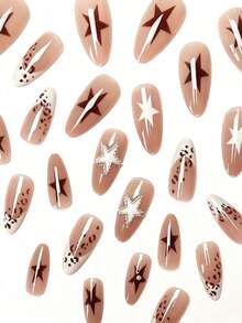 24pcs/Set French Medium Almond Shape Khaki Leopard Print 3D Silver Steel Ball Star Decor Full Coverage Press-On Nails, Suitable For Women And Girls Party, Date, Holiday - Multicolor - View 3
