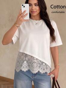 女款優雅通勤純色蕾絲拼接圓領上衣 白色 夏季 - 白色 - 查看 1