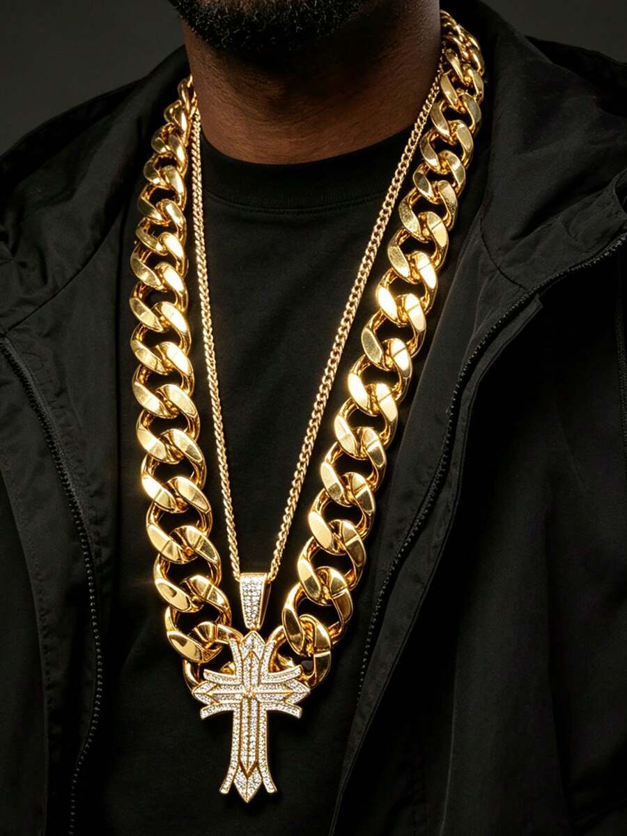 2pcs/Set Cross Pendant Hip Hop Punk Necklace Exaggerated Men's Big Gold Chain Set, Vintage Punk Style, Suitable For Party, Halloween, COS - Gold - View 1