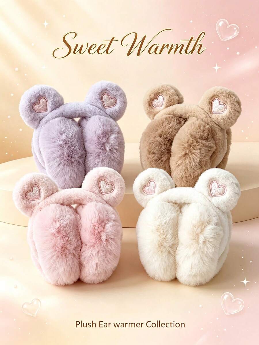 4pcs Foldable Bear Earmuffs For Winter Warmth, Cute Cartoon Plush Windproof Ear Warmers For Students. - Multicolor - View 1