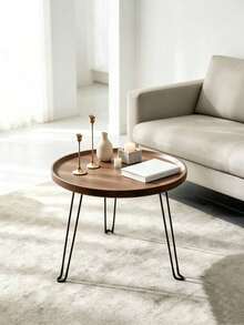 Folding Round Side Table, Walnut Wood Tray Side Table With Black Hairpin Legs, Small Portable Coffee Table For Living Room, Bedroom And Balcony, Minimalist Small Coffee Table, Space-Saving Side Table For Sofa ,Storage Tray Included As A Gift - Natural Brown - View 2