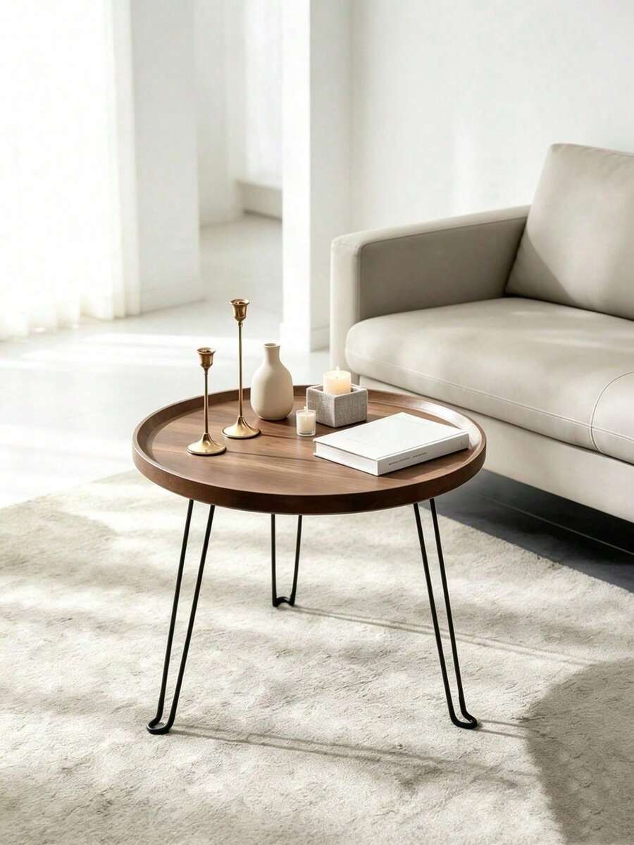 Folding Round Side Table, Walnut Wood Tray Side Table With Black Hairpin Legs, Small Portable Coffee Table For Living Room, Bedroom And Balcony, Minimalist Small Coffee Table, Space-Saving Side Table For Sofa ,Storage Tray Included As A Gift