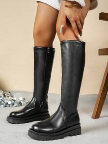 Women's Black Tall Riding Boots, Thick Platform Anti-Slip Long Boots, Side Zipper Slimming Straight Leg Boots, Autumn/Winter - Black - View 4