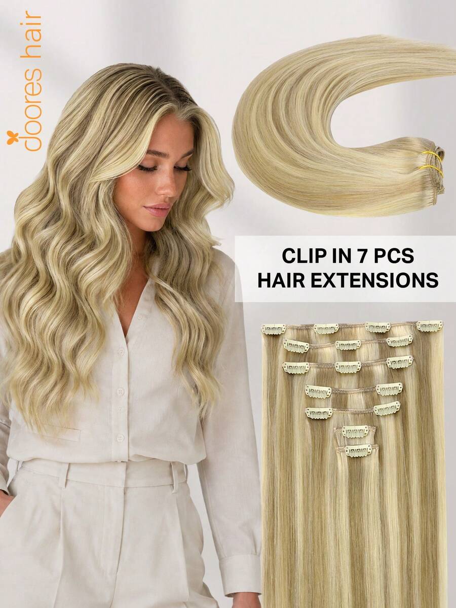 DOORES 100% Human Hair Clip In Hair Extensions, 112g 7pcs 14-24 Inch Light Blonde Highlights, Fast 5 Mins Installation For Daily Wear, Natural Adding Volume To Thin Hair - S16/22A - View 1
