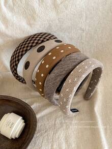 1pc/5pcs Brown Polka Dot Plaid Sponge Headband For Women, High Crown Anti-Slip Hair Hoop For Face Washing, Daily Hair Accessory, Autumn - Multicolor - View 6