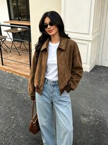 Seelio Spring New Women's Jacket, European And American Fashion Minimalist Versatile Velvet Texture Effect Outerwear - Brown - View 3