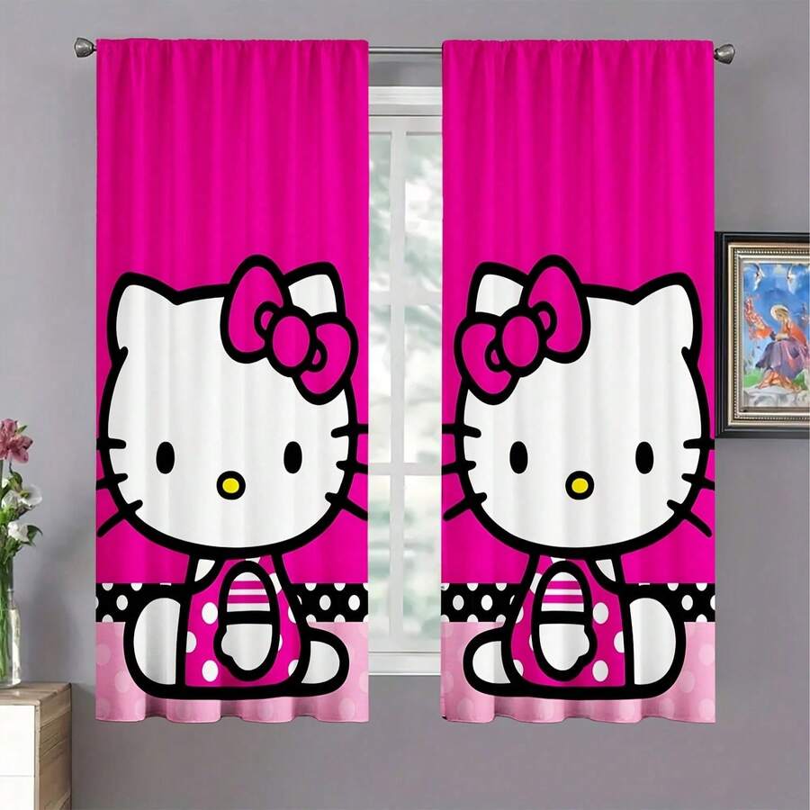 2pcs Pattern Decorative Curtains, Cute Cat & Bow Pink Print Blackout Curtains, Rod Pocket Hanging Style, All Season Use, Suitable For Bedroom, Office, Kitchen, Living Room, Study And Home Decor, Machine Washable, Multiple Sizes Available, Home Essential Decor - E - View 1