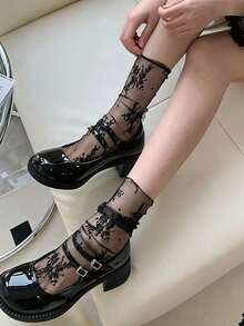 1 Pair Women's Black Floral Lace Mid-Calf Socks With Ruffle Edge And Sheer Mesh, Slouchy Style, Suitable For Mary Jane Shoes, Spring Summer Autumn - Multicolor - View 6