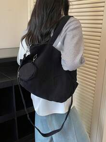 Tote Bag With 3D Star Embossed Design And Detachable Round Small Pouch, Long And Short Dual Shoulder Straps, Hand-Carry And Crossbody 2-In-1, Loose Soft Slouchy Fit, Fits Books, Water Bottles And Other Personal Items, Suitable For Work, School, Commuting, Shopping, Strolling And Short Trips - Black - View 5