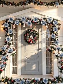 Christmas Artificial Glitter Red Poinsettia, Blue Christmas Tree Decor With Stem, Suitable For Christmas Tree Hanging, Wreath DIY Crafts, Bouquets, Wedding Party Decoration - Blue Silver - View 4