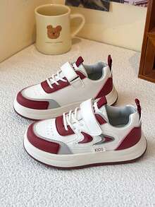 Children's Beige, Burgundy, Grey Colorblock PU Leather Breathable Non-Slip Shock-Absorbing Wide Round Toe Hook And Loop Thick Sole Retro Sneakers, Versatile For Kindergarten And Primary School, Spring And Autumn, Dirt-Resistant And Breathable - Red - View 3