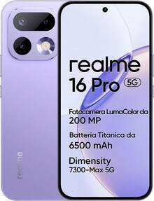 Realme 16 Pro 5G 智慧型手機 8GB + 256GB/8GB + 512GB，200MP LumaColor 相機 + 50MP，搭載 Dimensity 7300 MAX 處理器，6500mAh 電池與 45W 快充，6.78 吋 144Hz 螢幕，7.8mm 薄身，解鎖手機，Android 16，不含適配器 - 紫色 - 查看 10