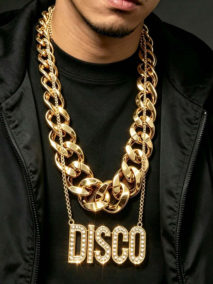 2 قطعة قلادة حروف DISCO هيب هوب بانك مبالغ فيها للرجال، مجموعة سلسلة ذهبية كبيرة، أسلوب بانك ريترو، مناسبة للحفلات والتجمعات وهالوين وCOS - الذهبي - مشاهدة 1