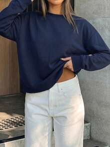 GLAMSKIN Women Color‑Block Striped Crew Neck Long Sleeve T‑Shirt,Simple Loose Fit Fall Basic Tee For Daily Wear&Office Commute - Navy - View 9
